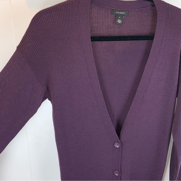 Halogen Merino Wool Blend Dark Purple Long Line Ribbed V-Neck Cardigan sz M EUC - Picture 3 of 8